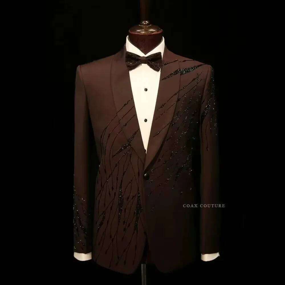 High End Men'S Formal Wear - Kahverengi Lüks Resmi Erkek Takımları Boncuklu