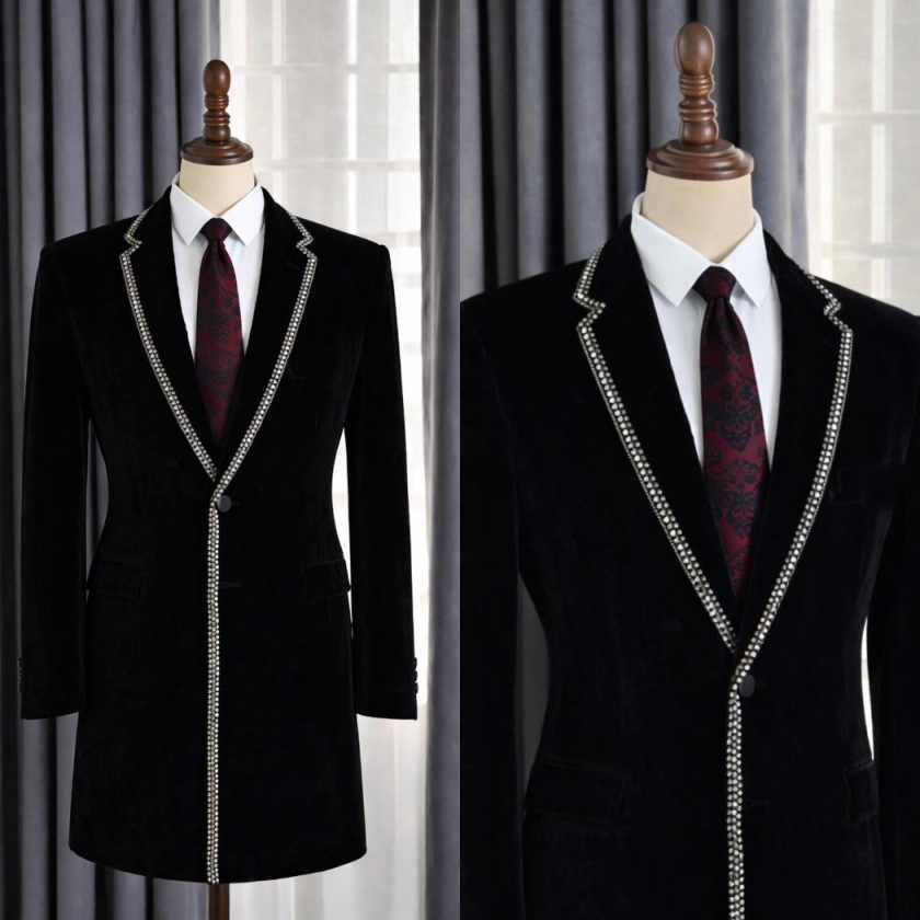 Men'S Formal Evening Wear - Şık Rhinestone Yaka Detaylı Erkek Uzun
